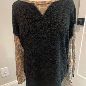 Black Sherpa Pullover with Leopard Print Sleeves